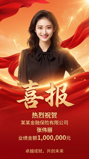 竖版9:16喜报海报，商务金融保险业绩表彰风格，红金配色，喜庆大气。背景是暖橙渐变天空，搭配飘逸的红色绸缎、金色烟花和光影效果，高级质感。画面中上部居中展示这张上传的女性半身照，人物与背景自然融合，光预览效果
