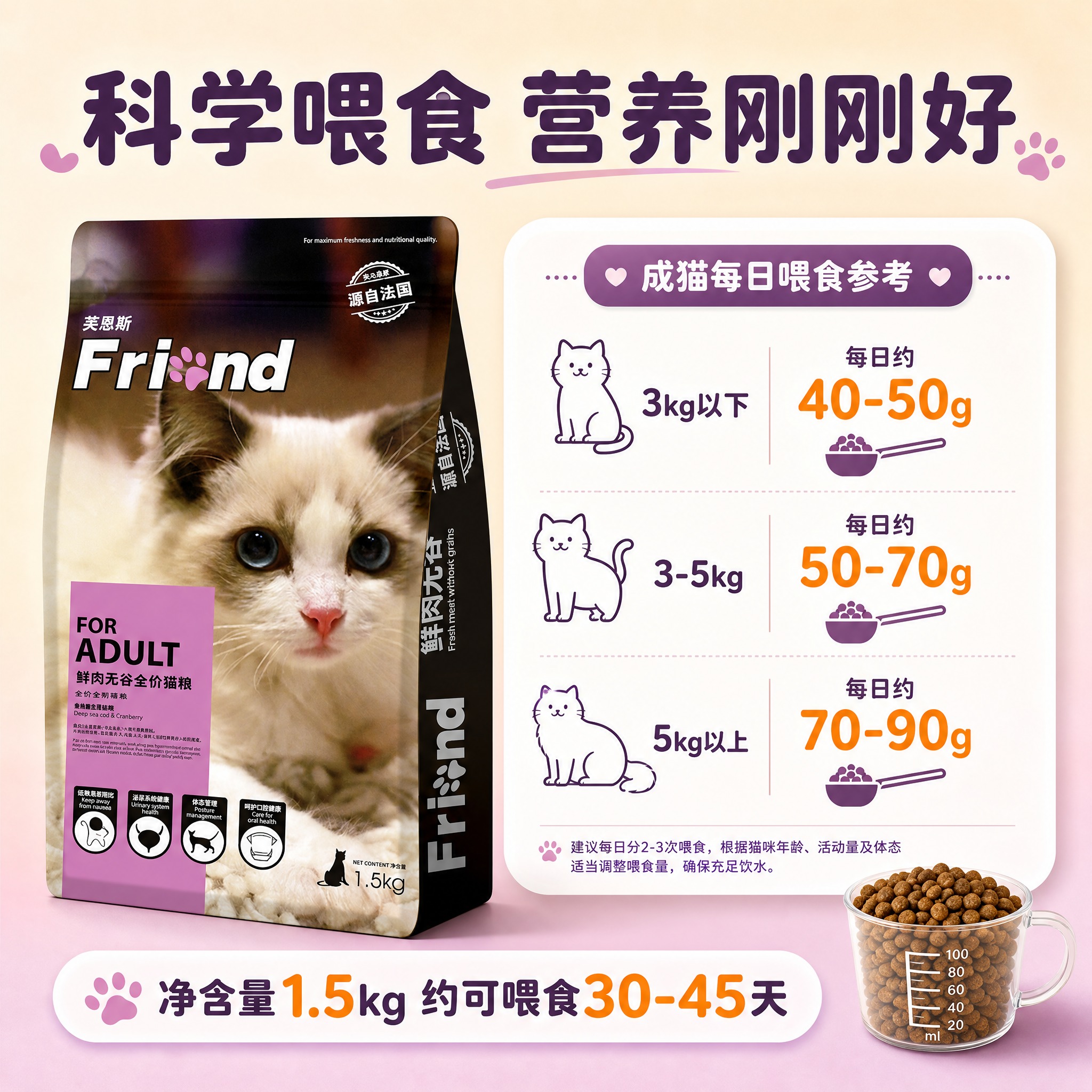 [主图-5] 喂食标准与规格信息图，任务是清晰展示不同体重成猫… - 图片创意预览