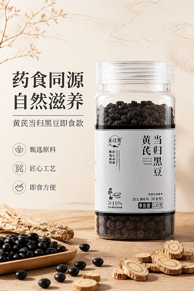[第1屏] 详情页头图-沁江雪黄芪当归黑豆养生产品宣传海报。本屏使用【图1】作为商品主体。
[氛围/风格] 中式养生简约风，温馨自然氛围，商业摄影质感，干净高级。
[元素布局] 商品罐身置于画面右侧偏上，占比约70%；左侧预留标题文案区域，下方搭配散落的黑豆和黄芪片作为装饰，罐身整体结构、包装文字颜色与输入产品图保持一致。背景为浅米灰色，点缀浅棕色中式木纹底纹。
[光影质感] 左前方柔暖主光，右侧自然投影，罐身保留通透光泽，整体光影柔和层次清晰，商品清晰真实。
[配色色系] 全局底色 #F5F1EB；主色为原木棕、米白；辅助色为黑色标题、浅褐色装饰。
[视角构图] 正面45°斜侧视角，产品为视觉中心，阅读动线为左侧标题→右侧商品→底部装饰，景深适中。
[文字版式] 版式为左文右图，左侧主标题「药食同源 自然滋养」，副标题「黄芪当归黑豆即食款」，采用温润宋体，左对齐；下方搭配三个小卖点「甄选原料 匠心工艺 即食方便」，文字不遮挡产品主体，字号适配移动端清晰可读。字体路线选择温润宋体，全套统一，字色为棕黑两种，使用纯色字效。
[比例分辨率] 9:16 竖版比例，4K分辨率，文字清晰可辨，高清画质。
[负向提示词] 罐身变形，包装文字错乱，缺件错件，颜色偏差，水印，文字过小，背景杂乱