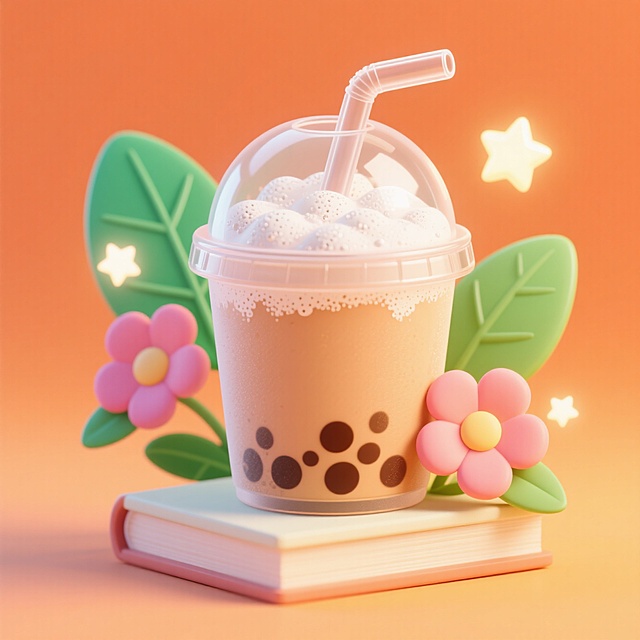 一本插着吸管的奶茶，漂浮着树叶、花朵、星星的装饰元素，撞色，暖色背景