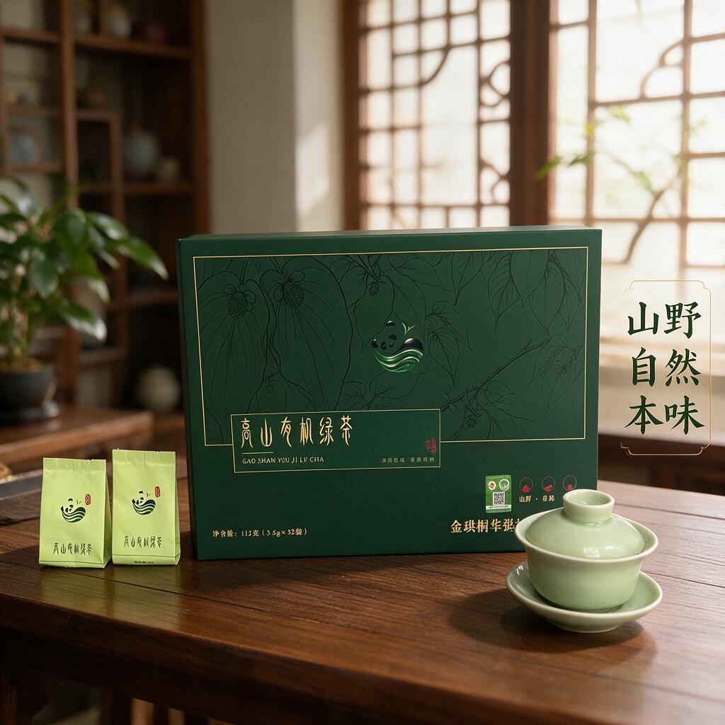 电商淘宝天猫主图，1:1正方形，高山有机绿茶礼盒装，墨绿色礼盒… - 图片创意预览