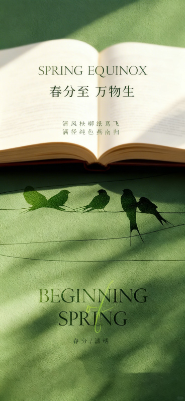 在这张春分海报图片中添加一本翻开的书的阴影效果，保持原图片的绿色纹理背景、文字内容和燕子剪影不变预览效果