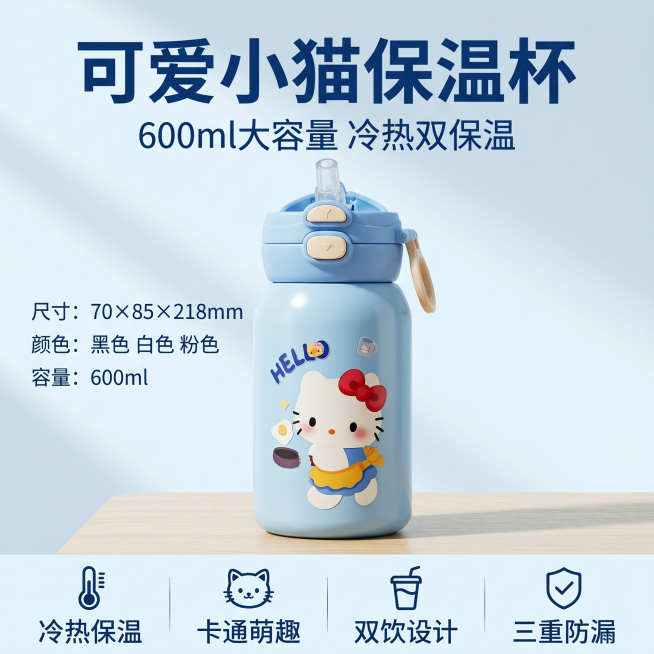 [单张主图] 可爱小猫保温杯，爆款促销感主图，目标是突出产品卖点吸引点击，适配拼多多平台风格。
[画面主体] 浅蓝色卡通Hello Kitty图案保温杯居中完整展示，保持产品外观（物理结构、材质质感、预览效果