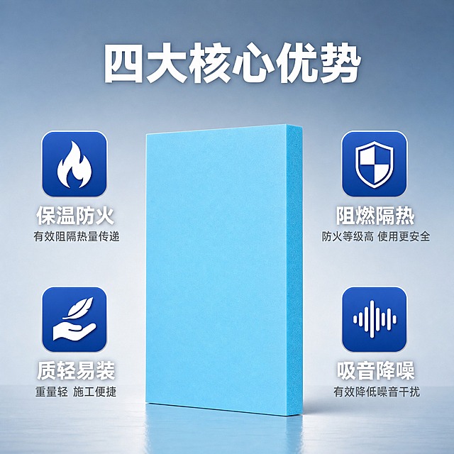 [主图-2] 核心功能环绕图，核心任务是集中展示挤塑板的四大核心功能优势。
[统一基调] 专业建材工业风，背景为浅灰蓝色渐变，主色调蓝色与白色，标题白色粗体，辅助文字深灰，强调色深蓝色，无衬线粗体字体，圆角卡片样式。
[画面] 画面正中央放置一块大尺寸蓝色挤塑板正面视角，占画面约40%，板材颜色天蓝色，表面平整有厚度。围绕板材四周分布4个功能图标模块，分别在左上、右上、左下、右下四个方位，每个模块由蓝色圆角图标框和文字组成。背景是简洁的浅灰蓝色渐变，底部有轻微地面反射效果。
[光影质感] 商业摄影棚拍质感，均匀柔光，板材表面干净光滑，边缘清晰，底部有柔和投影，整体明亮专业。
[配色] 背景浅灰蓝渐变，主体天蓝色，图标深蓝色，文字白色和深灰，整体统一蓝色系。
[文字版式] 画面顶部居中放置大标题"四大核心优势"，白色粗体大字。中央板材四周的四个功能模块：左上模块图标为火焰样式，文字"保温防火"，下方小字"有效阻隔热量传递"；右上模块图标为盾牌样式，文字"阻燃隔热"，下方小字"防火等级高 使用更安全"；左下模块图标为手托举样式，文字"质轻易装"，下方小字"重量轻 施工便捷"；右下模块图标为声波样式，文字"吸音降噪"，下方小字"有效降低噪音干扰"。每个功能模块标题为白色粗体，说明为浅灰色小字。
[输出要求] 1:1正方形比例，2048*2048，文字清晰，产品清晰不变形，无错字，无水印，无平台Logo。