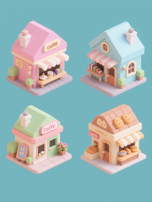 一系列4个不同的卡通风格3D低多边形建筑模型，保持相同的Q版可爱造型和圆润边角设计，每个建筑具有独特的功能类型（如咖啡馆、书店、花店、面包店），各自采用完全不同的主体色彩方案但保持统一的马卡龙色系调和柔和光影效果，建筑细节丰富（如不同样式的门窗、招牌、装饰元素），所有模型在纯色背景上呈2x2网格规整排布，整体风格一致且画面色彩变换多样，无文字信息。预览效果