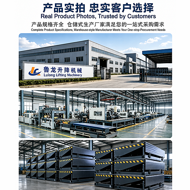 基于这张工厂实拍产品展示图，将图中所有中文文字翻译为英文，制作中英双语版本，保持原排版布局。具体翻译如下：
主标题：产品实拍 忠实客户选择 → Real Product Photos, Trusted by Customers
副标题：产品规格齐全 仓储式生产厂家满足您的一站式采购需求 → Complete Product Specifications, Warehouse-style Manufacturer Meets Your One-stop Procurement Needs
工厂招牌文字：鲁龙升降机械 → Lulong Lifting Machinery

要求：
1. 所有文字区域均为中英双语显示，中文在上英文在下，保持原字体风格、字号层级、颜色和位置
2. 主体保护开启，工厂建筑、生产车间、产品堆放等三张实拍图主体内容完整保留，不被遮挡
3. 背景修复干净自然，文字与背景融合自然
4. 保持原图片整体构图、色调和风格不变
5. 翻译准确，无语义错误，无乱码、文字重叠或排版错位