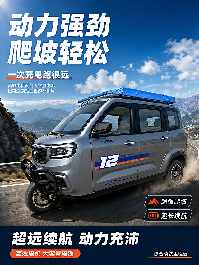 [商品] 使用【图2】灰色电动三轮篷车（型号YF1500DZK-F）；保留整车结构、灰色车身、蓝色车顶篷、黑色前护杠、车身"12 SPORT POWER"拉花、车门把手、车窗造型、轮毂样式、车标Logo；商品处理：去除车身保护膜痕迹，增强车漆质感和金属光泽，保持车辆真实比例和结构不变。
[画面] 目标：硬核性能头图，突出动力强劲与超远续航。构图：大标题压迫型，主标题居左上，产品位于画面中下部偏右，呈45度前侧视角行驶在盘山公路上，车轮带轻微动态模糊，车尾扬起少量尘土，背景是连绵山脉和蓝天白云，阳光从左上方照射，营造户外行驶的动感氛围。产品占画面约55%，前景公路、中景车辆、后景远山天空，阅读动线从上至下。
[视觉] 套系策略：风格=硬核性能科技风商业摄影；标题字=粗黑无衬线黑体；正文字=简洁无衬线黑体；主色=深蓝藏青；背景延展=基于深蓝做深浅渐变、天空蓝过渡和山脉层次；强调色=橙红色，仅用于小面积图标、引线、标签和数字高亮；标题色=白色；正文色=浅灰蓝；组件=圆角深色半透明信息卡、细线引线、性能标签；光影=左前侧自然光+轮廓光，产品受光面清晰。
[文字] 左上主标题"动力强劲 爬坡轻松"，副标题"一次充电跑很远"，下方小字"高效电机配合大容量电池，日常通勤短途出游都够用"；右下角悬浮2个性能标签："超强爬坡"、"超长续航"；底部深色横条区域放"超远续航 动力充沛"大字，下方胶囊按钮"高效电机 大容量电池"，右下角小字"综合续航里程远"。所有文字横排，不遮挡车辆主体。
[规格] 图片比例3:4竖版，4K，避免变形、错字、文字过小、车辆结构失真、颜色改变、冷蓝灰背景偏色。