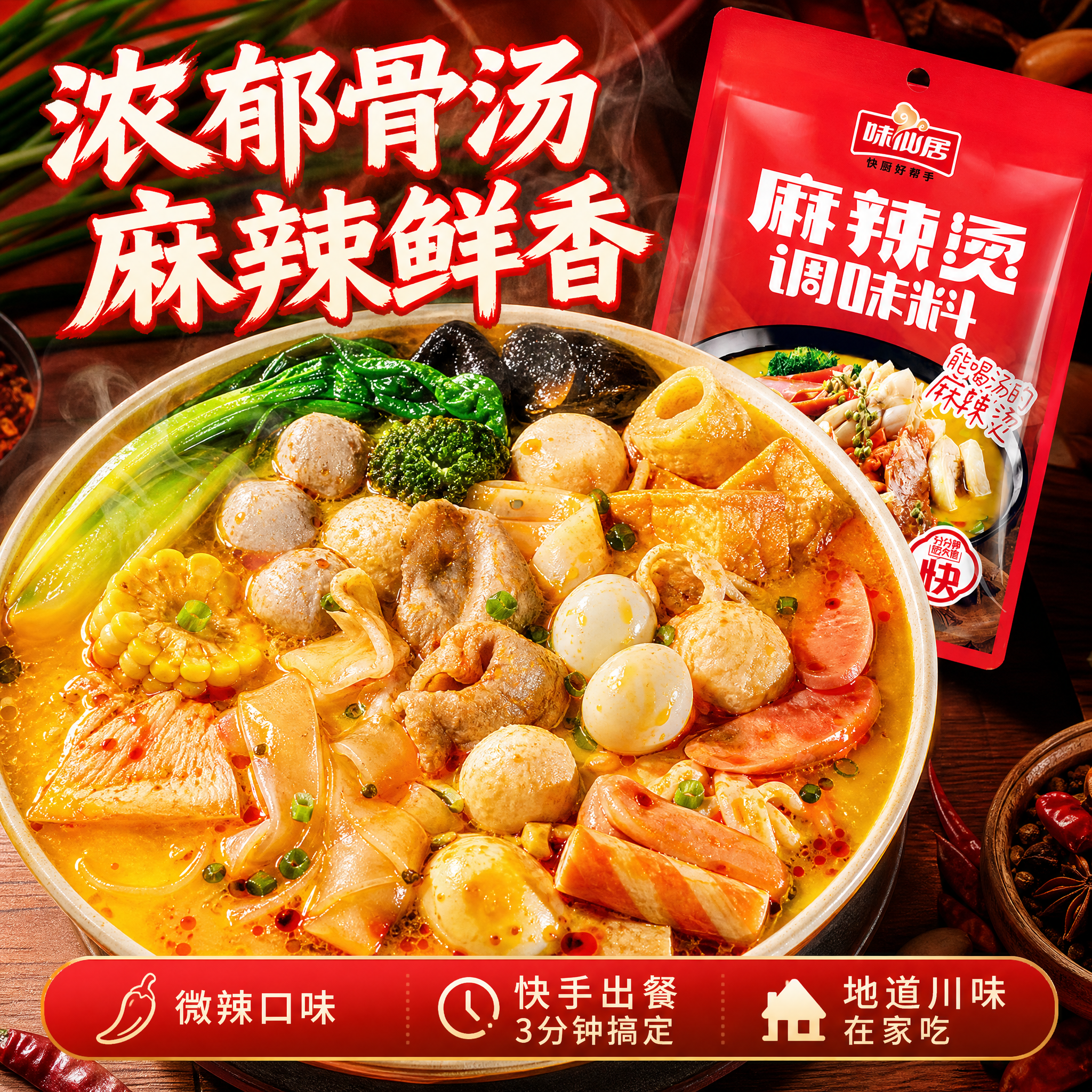 抖音电商1:1正方形主图，味仙居微辣骨汤麻辣烫料成品展示图。画… - 图片创意预览