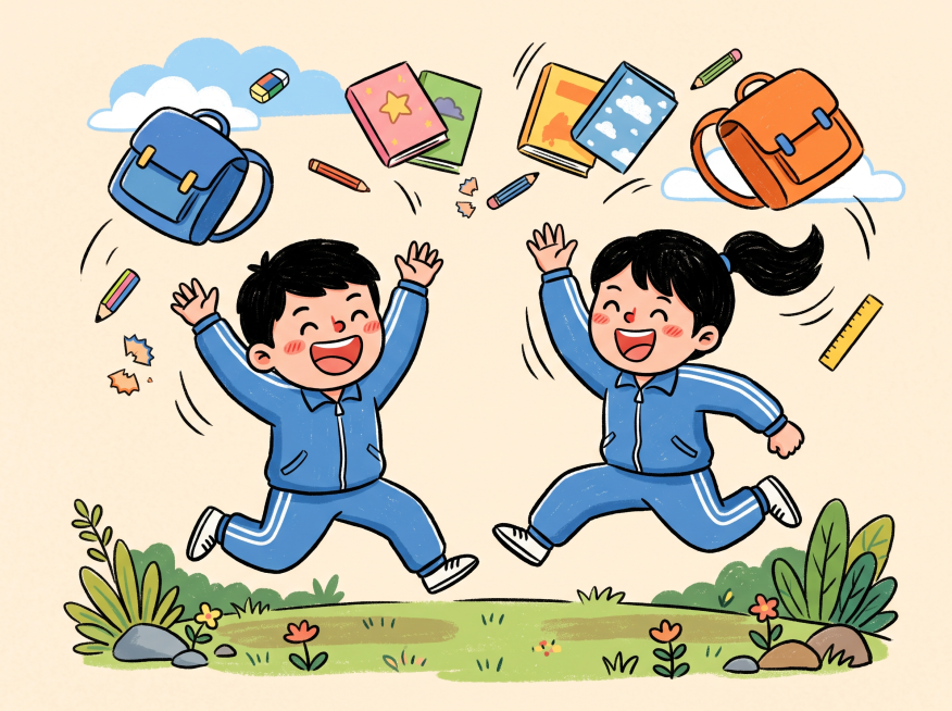 两个活泼可爱的小学生，一男一女，都穿着蓝色带白色条纹的运动校服，黑色短发，女生扎着马尾辫，两个人都张开嘴巴开心大笑，充满活力地向前跳跃，男生双手举起，女生一手举起一手自然弯曲，两人同方向一起轻松奔跑跳预览效果