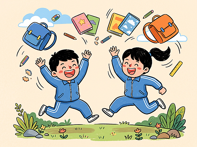 两个活泼可爱的小学生，一男一女，都穿着蓝色带白色条纹的运动校服，黑色短发，女生扎着马尾辫，两个人都张开嘴巴开心大笑，充满活力地向前跳跃，男生双手举起，女生一手举起一手自然弯曲，两人同方向一起轻松奔跑跳跃的状态，姿态生动活泼。书包、书本、铅笔、尺寸和橡皮都被抛向天空。
风格：可爱卡通扁平风插画，简约手绘线条，蜡笔粗糙质感，色彩明亮干净，粗黑蜡笔轮廓线，简约色块填充，童趣风格
构图：人物居中，动态跳跃构图，视觉重心突出
色彩：浅米黄色背景，蓝色主调，低饱和度暖色调，色彩简洁和谐