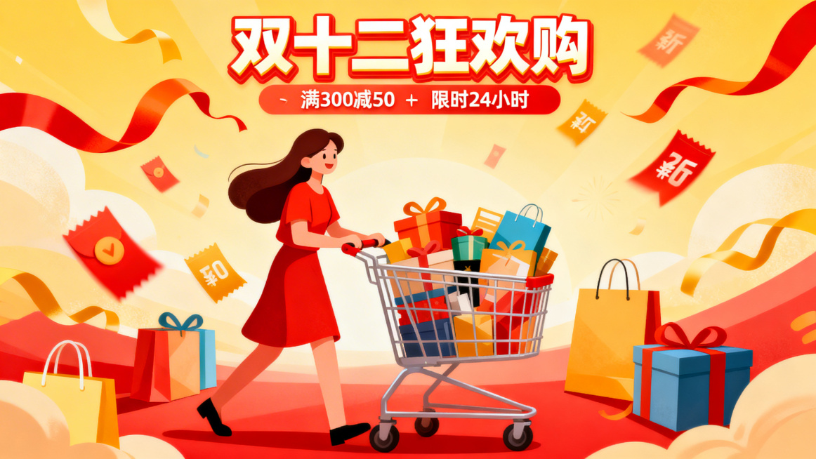 插画风格，双十二主题，一个女人推着购物小车的banner背景，色彩鲜艳，购物氛围浓厚，双十二购物促销主题预览效果