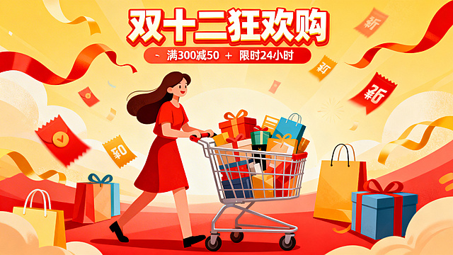 插画风格，双十二主题，一个女人推着购物小车的banner背景，色彩鲜艳，购物氛围浓厚，双十二购物促销主题
