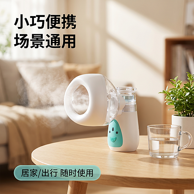 [主图 4] 便携式手持雾化器使用场景展示。
[氛围/风格] 生活化轻科技医疗风，自然温馨；商业摄影质感、光线柔和通透、产品清晰真实、画面干净高级。
[元素/光影] 雾化器放置在居家桌面场景，搭配干净水杯和绿植点缀，背景虚化突出产品主体。保持产品外观（物理结构、材质质感、颜色）与输入产品图绝对一致，杜绝任何变形和色差，精细化处理。自然光从侧面射入，柔和真实阴影，营造居家使用的舒适氛围。商品主体占比严格控制在 60%-80% 之间；画面满屏无边框。
[配色色系] 主色调：浅木色+米白，搭配产品本身白青配色，自然温馨。
[视角构图] 平视四分之三视角，景深适中，前景桌面背景虚化突出主体。
[文字版式] 左下角简洁文字标注：「居家/出行 随时使用」，浅青半透明胶囊底，深字清晰，不遮挡主体。顶部标题「小巧便携 场景通用」粗体简洁。
[比例分辨率] 1:1 比例，2k 分辨率；文字清晰锐利，画面超高清。
[负向提示词] 变形，水印，文字错乱，产品图模糊，背景杂乱，牛皮癣，配色刺眼，遮挡主体，绝对化违禁词，夸大功效描述，人物面部，病人，医疗场景血腥。