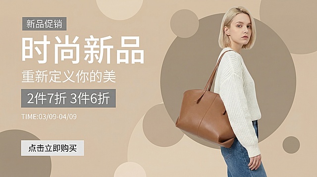 一张时尚包包新品促销横版电商海报，背景为浅卡其色搭配同色系深浅圆形几何装饰，左侧为文字信息：顶部左上角灰色矩形标签写有白色"新品促销"字样，下方大号白色主标题"时尚新品"，副标题为小字白色"重新定义你的美"，下方灰色矩形框内白色文字"2件7折 3件6折"，再下方是小字白色"TIME:03/09-04/09"，最下方浅灰色矩形按钮内写有黑色"点击立即购买"。海报右侧为图2中的金发模特，穿着白色针织毛衣和蓝色牛仔裤，背着棕色托特包，模特完整清晰，整体风格简约高级，排版清晰，文字不遮挡模特主体。
