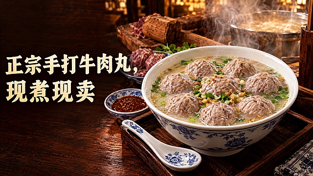 【风格】写实商业美食摄影 + 中式老字号招牌设计感，高清微距质感，商业广告级修图，画面干净利落、食物质感鲜活诱人，木质肌理与陶瓷质感真实。
【色调】暖棕红为主色调：牛骨汤的奶白与醇棕、牛肉丸的鲜潦粉棕，搭配深红木质台面、暖黄灯光与少量香菜翠绿点缀，整体暖调高饱和，明暗对比突出汤的醇厚与丸子的弹潦，暗部沉稳厚重。
【主体】画面中心偏右为美食主体：一个潮汕白瓷汤碗，碗内盛奶白浓郁的牛骨汤，汤面浮着油花与热气，六到八颗手工捶打的牛肉丸饱满弹潦、表面有自然手工肌理与润泽光泽，汤中散落芹菜粒与蒜头酥；碗下垫深色木质托盘，旁边摆潮汕特色汤勺、青花小碟沙茶替、一小碟生牛肉丸与木质捣肉槌、木砧板，暗示手工捶打工艺；背景虚化处隐约可见热气腾腾的汤锅。
【氛围】市井烟火气与手工现做的真实感，热气袅袅、灯光温暖，妥炉气氛浓郁，刚出锅现煮现卖的新鲜感，诱人、温暖、有食欲。
【预留标题位置】左侧约三分之一画面区域预留大面积干净的深木色暗部负空间作为标题区，不放置主体与复杂元素，确保文字清晰可读、不被遮挡。
标题文字：在左侧预留区内排布粗体中文大标题"正宗手打牛肉丸，现煮现卖"，暖白或淡金色粗体字，字距舒展、醒目不花哨，字号大且清晰完整。
画面中文字必须完整、准确、无误错别字、无错位，不得出现任何二维码、水印、logo 或多余乱码文字。超高清画质，细节锐利。