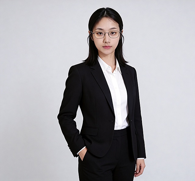 参考原图人物面部特征，生成一张女士正装全身职业照，人物身穿黑色西装套装搭配白衬衫，自然站姿，左手插兜，整体专业干练，纯色浅灰背景，画质清晰细腻，32k超高清分辨率