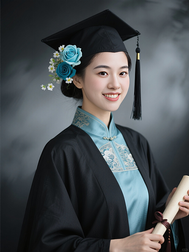 女生证件照，黑色学士袍，内衬是天青色汉服，鬓角和帽子上簪青色洋桔梗和青色玫瑰、白色小花，学士帽穗子，手执卷轴，领口复古花纹，黑灰色朦胧背景。