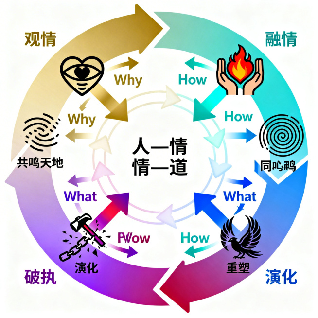 顺时针螺旋圆环，环上分布六个主环节，分别是观情、融情、共鸣天地、破执、重塑、再循环，环节间用箭头连接形成闭环，中心放置“人—情—道”三字，外圈背景分为四个渐变过渡的象限色块，分别是暖金色的Why、青绿预览效果