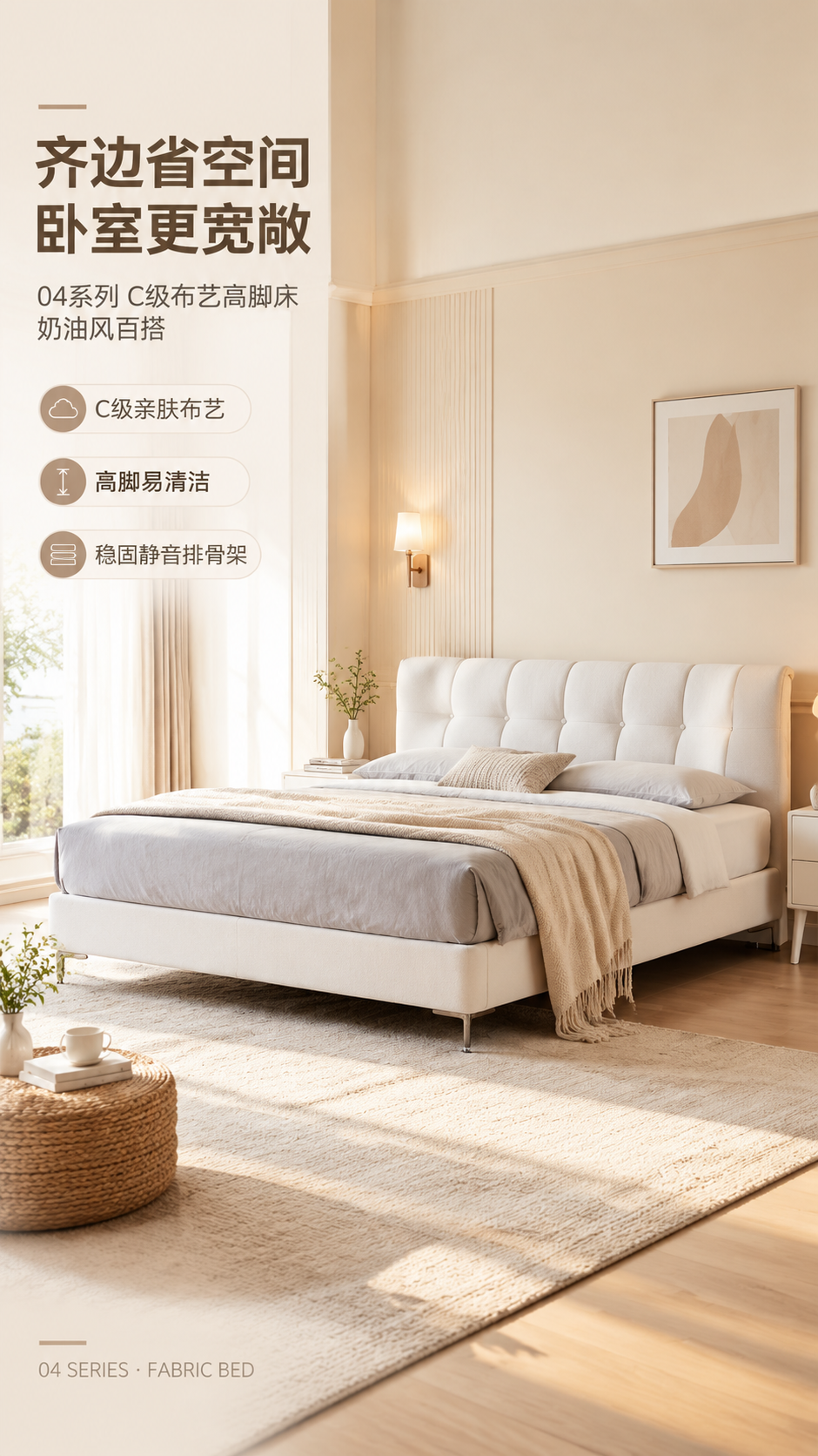 [商品] 使用【图1】米白色C级布艺高脚齐边床；保留软包床头竖… - 图片创意预览