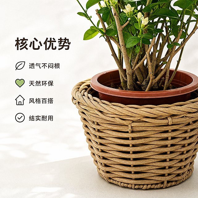 [主图-2] 卖点展示柳编编织细节特写图。
[氛围风格] 现代简约质感风；
[画质] 商业摄影质感、光线柔和通透、产品清晰真实、画面干净高级。
[元素] 柳编花盆套局部特写，重点展示编织纹理和紧密工艺，完整花盆主体依然清晰可见，保持柳编花盆套外观（即物理结构、材质质感、颜色）与输入产品图绝对一致，杜绝任何变形和色差，精细化处理。商品主体占比约70%，画面满屏无边框。
[光影] 柔光侧打光，突出柳编的编织纹理和立体感，纹理缝隙形成自然阴影，层次丰富清晰。
[配色] 主色为柳编原米色，浅白背景衬托主体。
[视角构图] 近距离微俯视特写，突出编织细节，景深适中。
[文字版式] 四个卖点结合小图标分点排布在左侧空白区域：顶部大字「核心优势」，然后分四行：🍃 透气不闷根  💚 天然环保  🏡 风格百搭  ✅ 结实耐用，每行一句话，图标+文字，深棕色清晰字体，左对齐，不遮挡产品主体细节。
[比例分辨率] 1:1 比例，4k 分辨率；文字清晰锐利，画面超高清。
[负向提示词] 变形，水印，文字错乱，产品图模糊，背景杂乱，编织纹理模糊