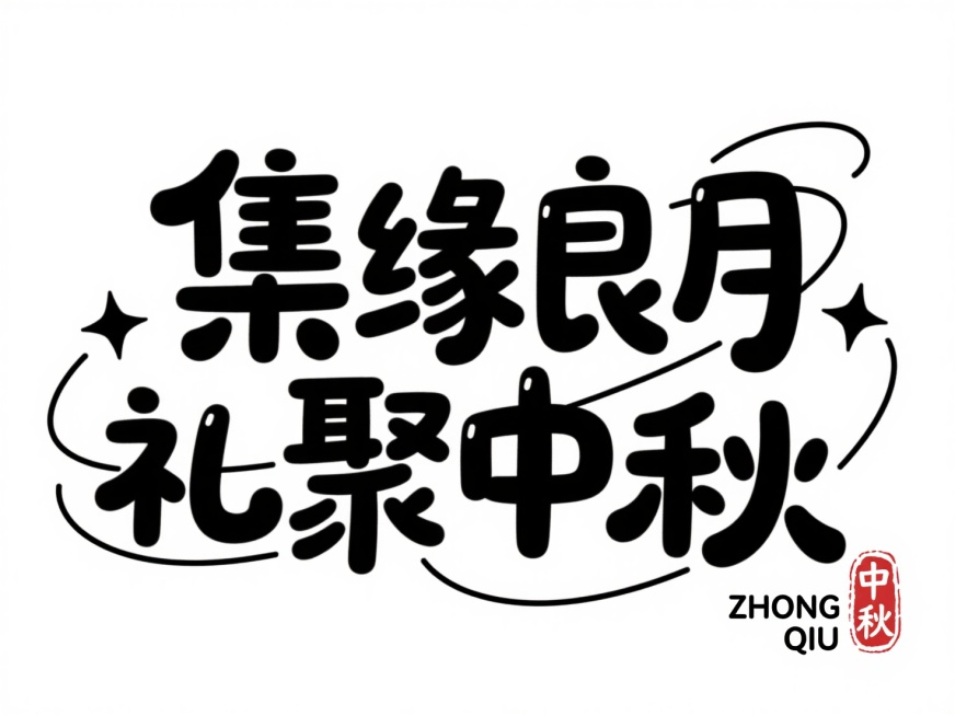 黑色字“集缘良月，礼聚中秋”，字体可爱圆润，左右点缀简约黑色小星星，圆形装饰线条，右下角加拼音 “ZHONG QIU” 与红色中式小印章中秋，纯白底预览效果