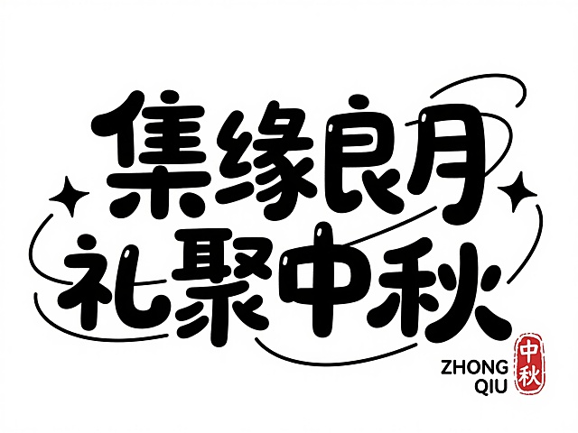 黑色字“集缘良月，礼聚中秋”，字体可爱圆润，左右点缀简约黑色小星星，圆形装饰线条，右下角加拼音 “ZHONG QIU” 与红色中式小印章中秋，纯白底