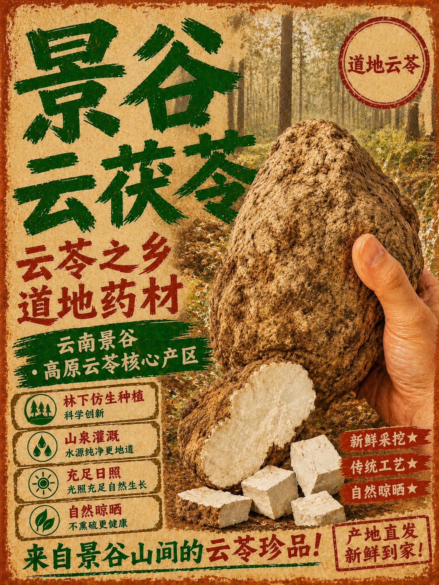 在参考图的景谷云茯苓复古牛皮纸海报基础上，修改以下内容：1.右… - 图片创意预览