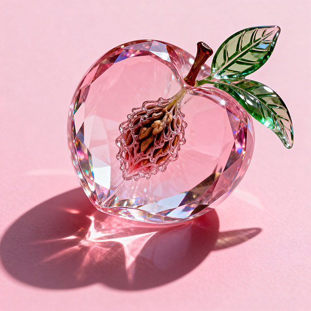 晶莹剔透的玻璃桃子，融合重拟物与虚拟自然风格，光影交错间尽显奢华与唯美，粉色背景衬托出甜蜜优雅的时尚气息。