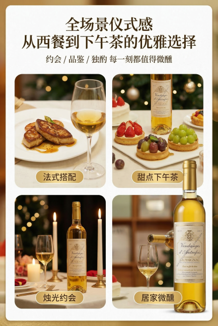 竖屏电商详情页，主标题"全场景仪式感 从西餐到下午茶的优雅选择"，副标题"约会 / 品鉴 / 独酌 每一刻都值得微醺"。下方为4张高清场景网格拼图：法式鹅肝搭配贵腐酒、下午茶水果塔配酒、约会烛光晚餐摆预览效果