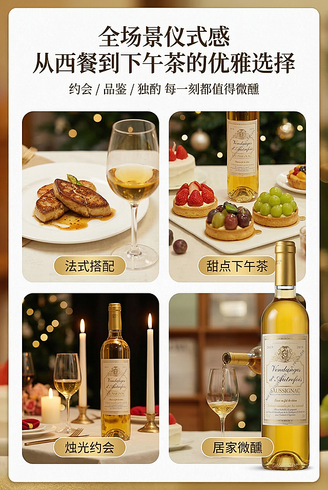 竖屏电商详情页，主标题"全场景仪式感 从西餐到下午茶的优雅选择"，副标题"约会 / 品鉴 / 独酌 每一刻都值得微醺"。下方为4张高清场景网格拼图：法式鹅肝搭配贵腐酒、下午茶水果塔配酒、约会烛光晚餐摆酒、居家独酌倒酒场景，每个场景配圆角金色标签，整体暖光氛围。产品酒瓶置于画面合适位置，保持原产品形态不变形，留白率不低于30%，杂志级精致排版，暖金色调，高级有设计感，2K高清，风格统一。