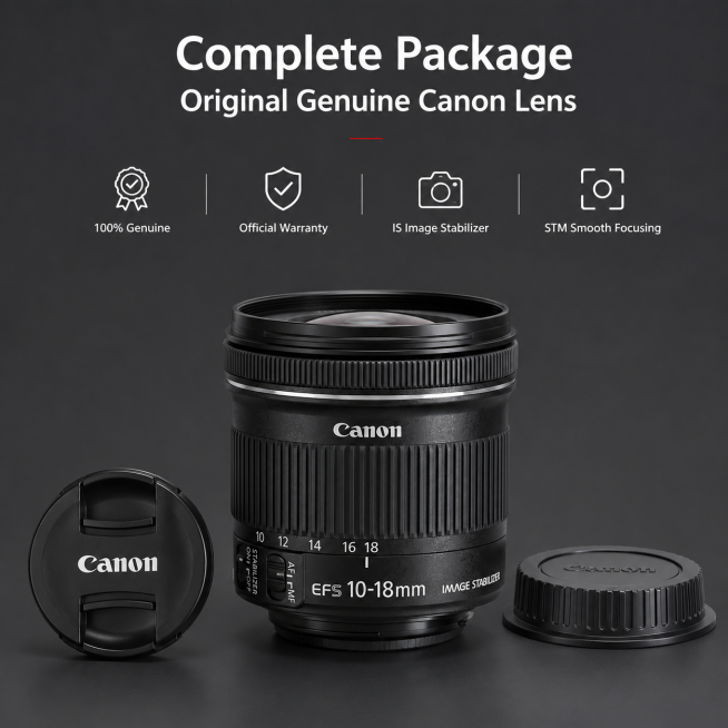 Full product shot of Canon EF-S 10-18mm IS STM lens including front and rear lens caps, clean minima预览效果