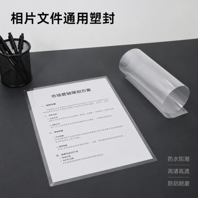 [主图-5] A4文件塑封效果展示，水晶膜多功能用途。
[氛围风格] 简约办公实用风；
[画质] 商业摄影质感、光线柔和通透、产品清晰真实、画面干净高级。
[元素] 一张A4纸质文件完整塑封在透明水晶预览效果
