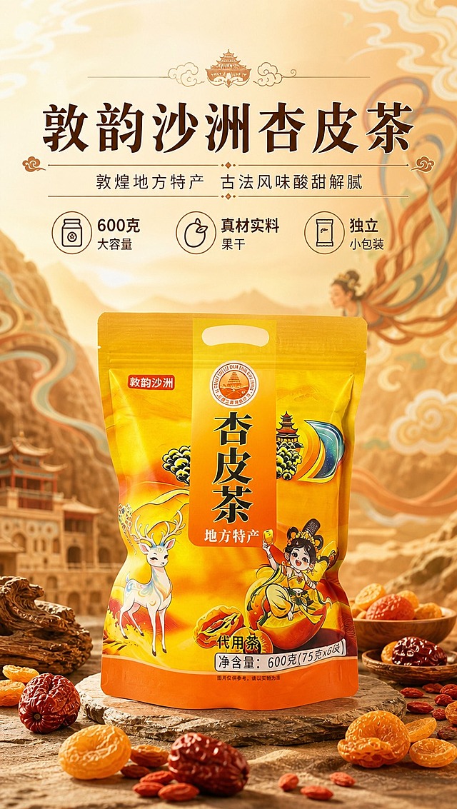 [商品] 使用【图4】敦韵沙洲杏皮茶外袋正面图；保留包装袋整体结构、橙黄渐变底色、敦煌飞天仙女卡通形象、九色鹿图案、"敦韵沙洲"品牌名、"杏皮茶"大字、"地方特产""代用茶""净含量：600克(75克×8袋)"等所有包装文字与图案；商品处理：保留包装原貌，清晰化包装文字与图案细节，增强袋身立体感与材质质感，不改变颜色和结构。
[画面] 目标：食欲氛围头图，建立国潮敦煌风+杏皮茶地域特产第一印象。构图：上文下图竖版布局，产品主体居中偏下，占画面约55%，上方留白放标题文案；前景散落几片杏干、红枣、枸杞等原料点缀，中景产品包装袋，背景为敦煌风格沙漠、飞天飘带、祥云元素虚化处理，≥3层视觉层次；整体暖橙杏黄氛围，有食欲感和地域文化感。
[视觉] 套系策略：风格=国潮敦煌风商业食品摄影，暖调高级质感；标题字=国潮书法宋体粗体，带传统装饰感；正文字=简洁现代无衬线体；主色=暖橙杏黄色；背景延展=基于暖橙杏黄做深浅渐变、敦煌沙漠肌理、祥云飘带元素延展；强调色=朱砂红，仅用于小面积图标、引线、标签点缀；标题色=深棕褐色；正文色=暖棕褐色；组件=国风圆角信息卡、传统纹样分割线、敦煌元素小图标；光影=左前侧暖柔光，产品正面清晰，背景有层次虚化。
[文字] 上方主标题："敦韵沙洲杏皮茶"（大字醒目），副标题："敦煌地方特产 古法风味酸甜解腻"；下方配3个短卖点icon："600克大容量""真材实料果干""独立小包装"；文字全部横向排版，不遮挡产品主体和核心包装文字，手机端清晰可读。
[规格] 图片比例9:16竖版，4K分辨率，避免变形、错字、文字过小、冷蓝灰背景、包装颜色改变、图案失真、绝对化用语。