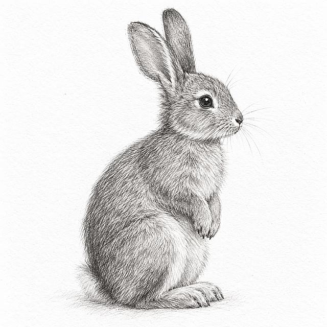 一幅手绘铅笔素描风格的兔子画作：白纸上一只侧身坐姿的兔子，长耳朵微微竖起，前爪收在胸前，后腿蹲坐。用石墨铅笔表现细腻的毛发笔触，以排线和交叉阴影塑造体积与明暗，眼睛有细小的白色高光，鼻尖、胡须、爪部刻画细致。明暗过渡柔和，轮廓带轻微的速写淡线，保留纸面的颗粒质感和手绘擦痕。纯白背景，画面干净留白，无任何文字，写实比例，安静轻盈的氛围，像专业动物素描习作。