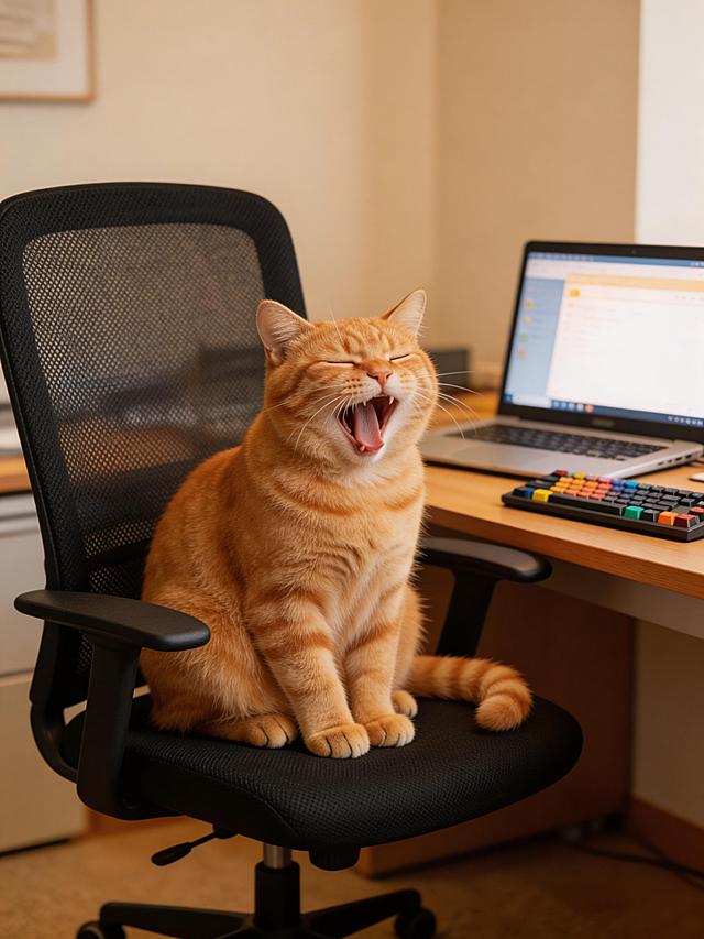 一只可爱的橘猫闭着眼睛张大嘴巴坐在黑色办公椅上，前方是木质电脑桌，桌面上摆放着打开的笔记本电脑和机械键盘，整体为温馨的办公室日常风格，光线柔和，画面清晰写实