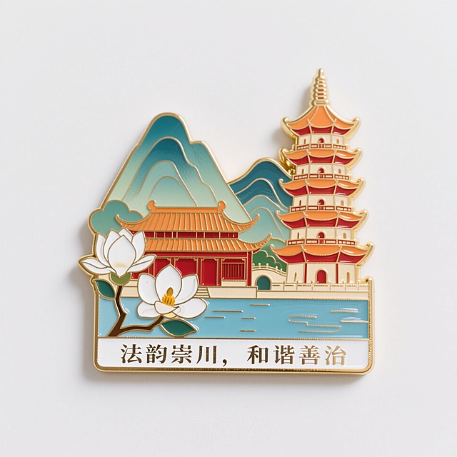 金边珐琅金属冰箱贴，中国风，山景，支云塔（屋檐是低饱和橙色，塔身为低饱和红色）、广玉兰花、濠河，低饱和配色。另搭配小字：法韵崇川，和谐善治，其余没有任何字。