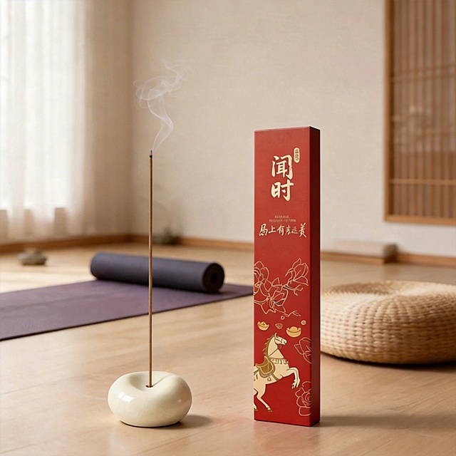 闻时马上有钱好运香，放置在简约禅意的瑜伽室地面，旁边有瑜伽垫、蒲团，香烟悠然升起，营造宁静疗愈的瑜伽氛围，适合KOL朋友圈、小红书发布