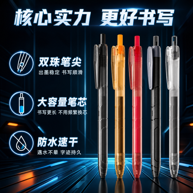 [主图-2] 双珠按动中性笔核心卖点展示图。保持中性笔产品外观、颜色、材质与输入产品图绝对一致。风格延续整体科技机甲风，画面干净通透高级。画质：商业摄影，高清清晰，光线均匀。元素：中性笔主体居中摆放，预览效果