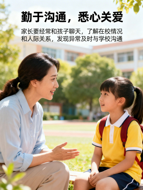 校园防欺凌宣传海报，明亮温暖风格，顶端标题为“勤于沟通，悉心关爱”，下方配文“家长要经常和孩子聊天，了解在校情况和人际关系，发现异常及时与学校沟通”，文字字体统一为清晰易读的黑体，大小协调不遮挡画面，预览效果