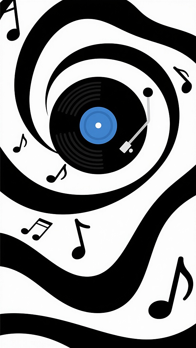 极简风格音乐主题插画，黑胶唱片居中，唱片中心为蓝色同心圆，唱臂位于右侧，唱片周围环绕多层不规则黑色曲线，曲线内外散布多个黑色音乐音符，白色背景，线条简洁流畅，平面设计风格，高对比度，无渐变，无阴影，纯粹几何与线条构成，整体视觉平衡，现代简约设计感。