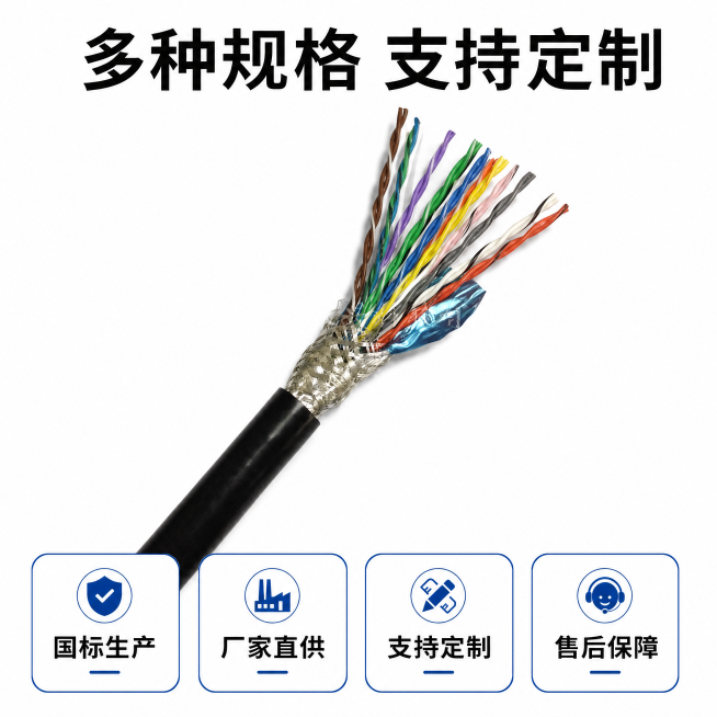 [主图-5] 泰来兴多芯屏蔽通讯线规格保障展示。
[氛围风格] 简洁信任背书风，清晰直观突出品质保障。
[画质] 商业摄影质感、光线柔和通透、产品清晰真实、画面干净高级。
[元素] 产品主体斜放在画面预览效果
