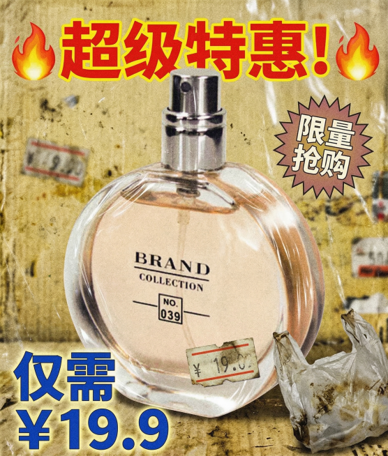 基于提供的香水瓶图片，生成一张廉价感风格的产品海报。保持香水瓶整体形状和上面的文字、logo不变，不扭曲变形。整体风格廉价劣质：粗糙泛黄的背景，低画质颗粒感，模糊边缘，塑料感强光斑，简单俗气的排版，廉预览效果