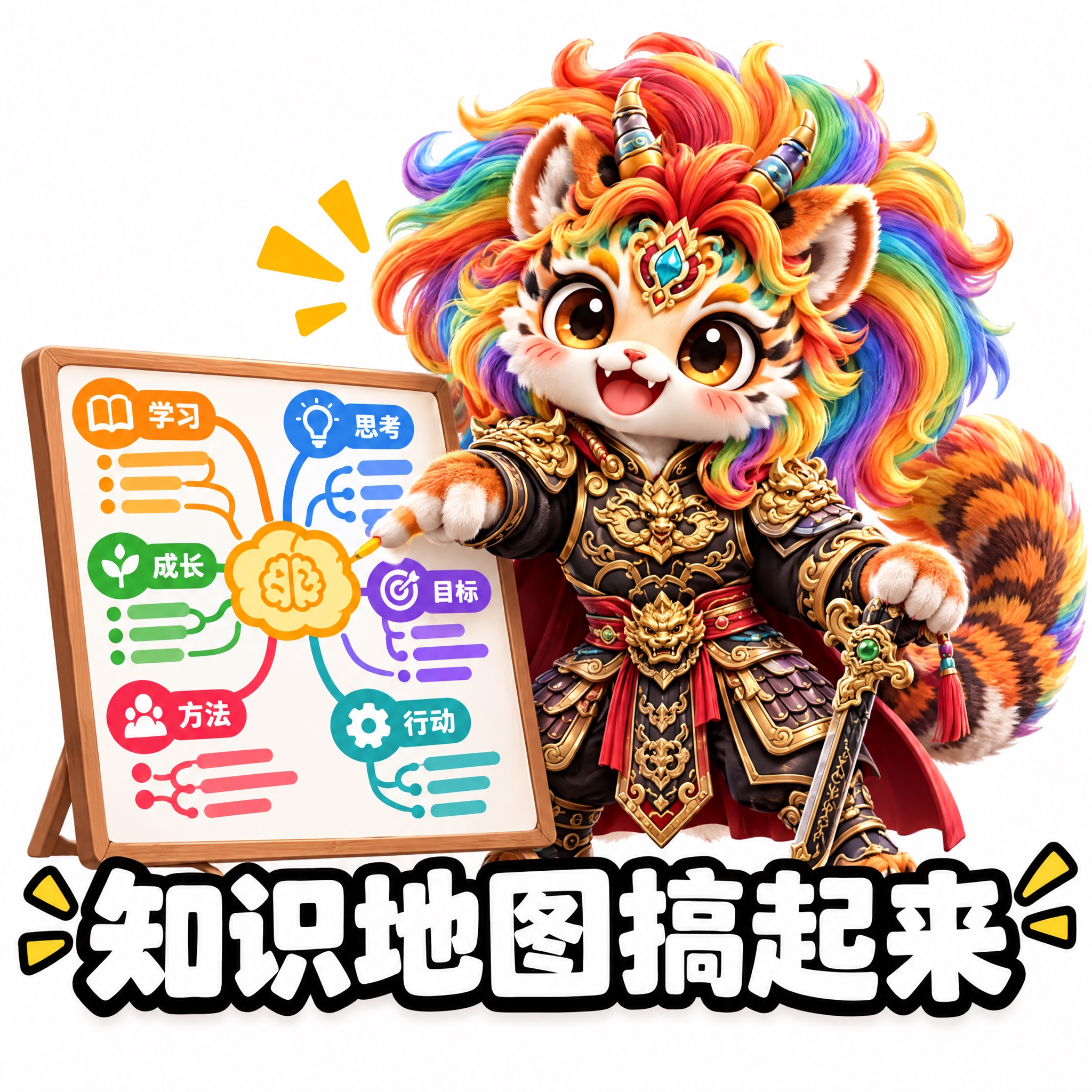参考图中的彩虹鬃毛虎形神兽（穿黑色铠甲、持剑），做成可爱表情包… - 图片创意预览