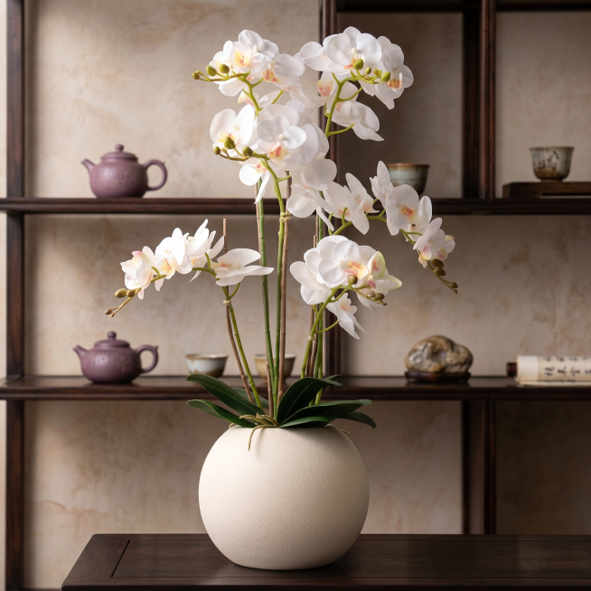 「图片1」根据图中的颜色 帮我生成不同的场景图。花和瓶子的高度是75cm。花的主体不变 要求生成四份不同的场景背景 根据拼多多大众的喜欢帮我生成预览效果