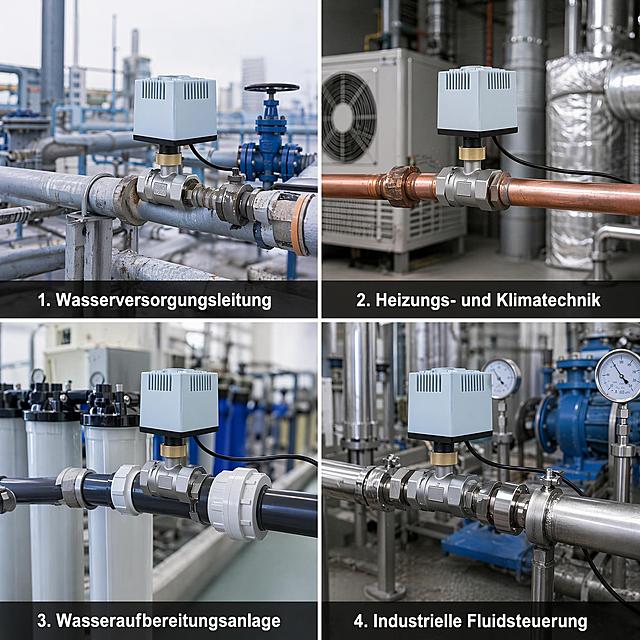 Dieses Bild beibehalten, alle englischen Texte ins Deutsche übersetzen. 1. Water Supply Pipeline -> Wasserversorgungsleitung; 2. HVAC Heating -> Heizungs- und Klimatechnik; 3. Water Treatment Equipment -> Wasseraufbereitungsanlage; 4. Industrial Fluid Control -> Industrielle Fluidsteuerung. Behalten Sie Layout, Szene und Produktform unverändert, nur Texte übersetzen.