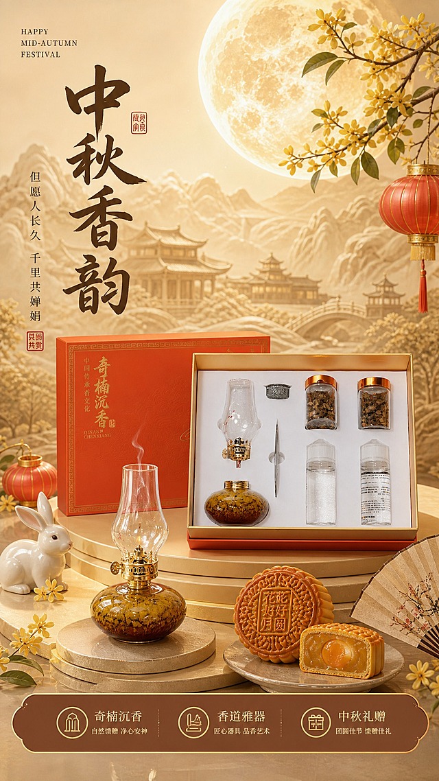 中秋节沉香熏香炉套装宣传海报，参考图1的暖金中式中秋风格，米黄暖色调，写实商业摄影质感，9:16竖版。画面是精致的中秋礼赠场景，暖金色背景，大满月高悬。画面下方的多层圆形展台上，精心陈列着奇楠沉香熏香炉套装礼盒，礼盒100%还原上传图2商品图的外形、包装设计、"奇楠沉香"书法字、红色礼盒、金色内衬以及所有配件，以图2为唯一商品主体来源，完整保留原图中的礼盒造型、红色外盒、金色边框、内部白色衬垫、所有配件的形状颜色和位置。礼盒打开，熏香炉正在燃烧使用，香烟袅袅升起。周围点缀着月饼、桂花枝、小玉兔、红灯笼、折扇等中秋元素。背景有浮雕感的山水建筑图案。整体氛围高端礼赠，温馨喜庆，适合节日营销。沉香熏香炉套装产品必须与图2完全一致。版式参考图1：左上角英文，左侧书法大标题，中央礼盒产品陈列。画面左侧竖排主标题书法大字："中秋香韵"，红色印章，上方英文"HAPPY MID-AUTUMN FESTIVAL"，左侧竖排小字"但愿人长久 千里共婵娟"。底部三个卖点："奇楠沉香""香道雅器""中秋礼赠"。文字排版精美，礼赠感强，节日氛围浓厚。版式精美，层次分明，超高清画质。画面中所有信息区域必须填充完整合理的内容，不得出现空白框或占位。