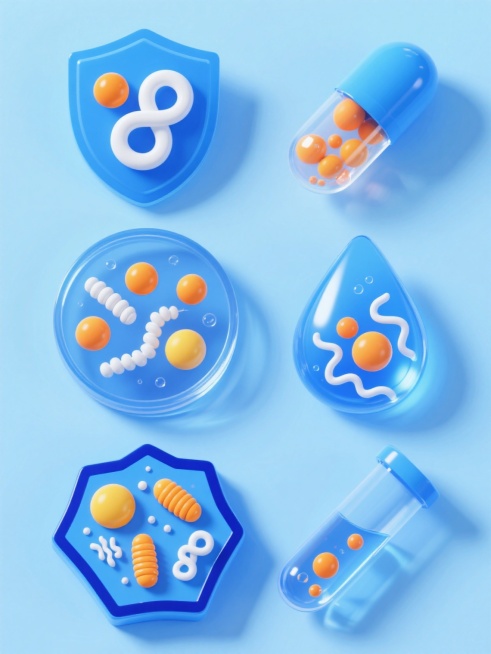 一组六个规整排布的益生菌系列素材集合，每个元素均采用相同的3D立体图标风格，纯净的纯色背景，整体色调以清新明亮的蓝色为主，搭配活力橙黄色点缀。每个图标都具有光滑圆润的边缘、半透明渐变的质感和细腻的高光阴影效果，呈现出通透的玻璃态材质感。第一个图标是蓝色盾牌内包裹着白色螺旋状益生菌和橙色菌球；第二个图标是蓝色胶囊造型，内部可见橙色益生菌菌群和流动的透明液体；第三个图标是蓝色圆形培养皿，里面有多个……预览效果