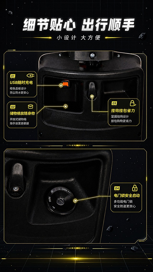[商品] 使用【图8】中控面板、【图5】仪表下方区域：保留开放式储物格、橙色USB充电口盖板、挂钩、电门锁及OPEN/PUSH/开锁图标等原貌。
[画面] 目标做便利细节分栏页：上下两栏，上栏储物格+USB充电口+挂钩实拍，下栏电门锁与启动区域；荧光黄发光引线连接功能点并带短标签，细线圆角信息卡，背景为暗黑空间网格与星点，简洁不复杂。
[视觉] 套系策略：风格=暗黑科技空间风；标题字=硬朗无衬线粗体带微发光；正文字=简洁无衬线体；主色=深空黑；背景延展=深空黑至暗灰渐变、细网格光轨、星点光斑、悬浮空间碎片，保持简洁；强调色=荧光黄，仅用于小面积图标、引线、标签、数据角标；标题色=冷白；正文色=浅灰；组件=细线圆角信息卡、发光引线、数据角标、胶囊标签；光影=顶部冷白主光+青白环境光勾勒轮廓+局部荧光黄氛围光。
[文字] 主标题"细节贴心 出行顺手"，副标题"小设计 大方便"，4个信息点"USB随时充电""储物格放随身物""挂钩挂包省力""电门锁安全启动"，全部横向排版，文字不遮挡实拍部件。
[规格] 图片比例9:16竖版，分辨率4K；避免变形、错字、文字过小、竖排文字、平台水印、二维码、产品颜色改变、部件结构失真、图标文字错乱。