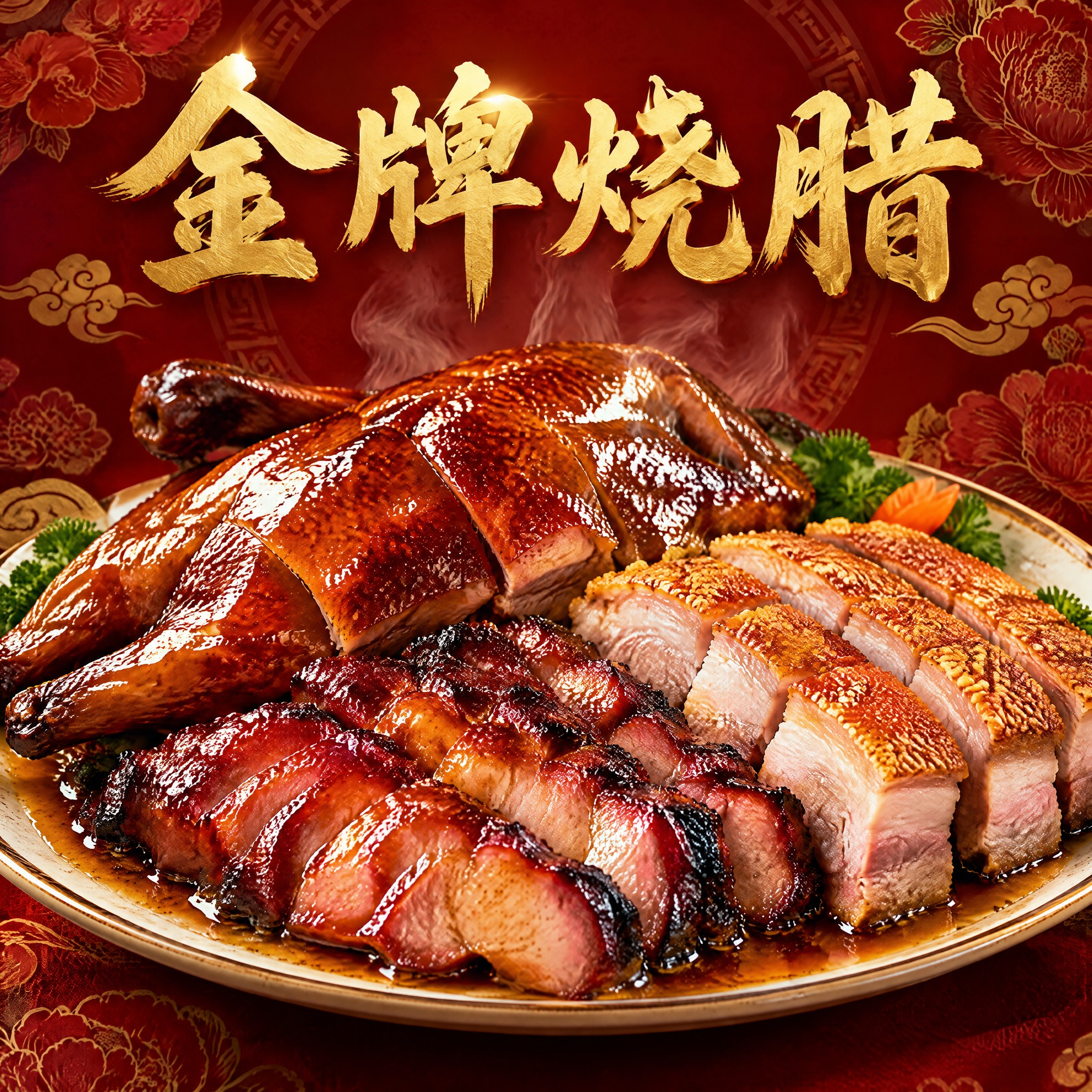金牌烧腊店铺头像设计，正方形构图，无圆形边框。画面中央是诱人的… - 图片创意预览