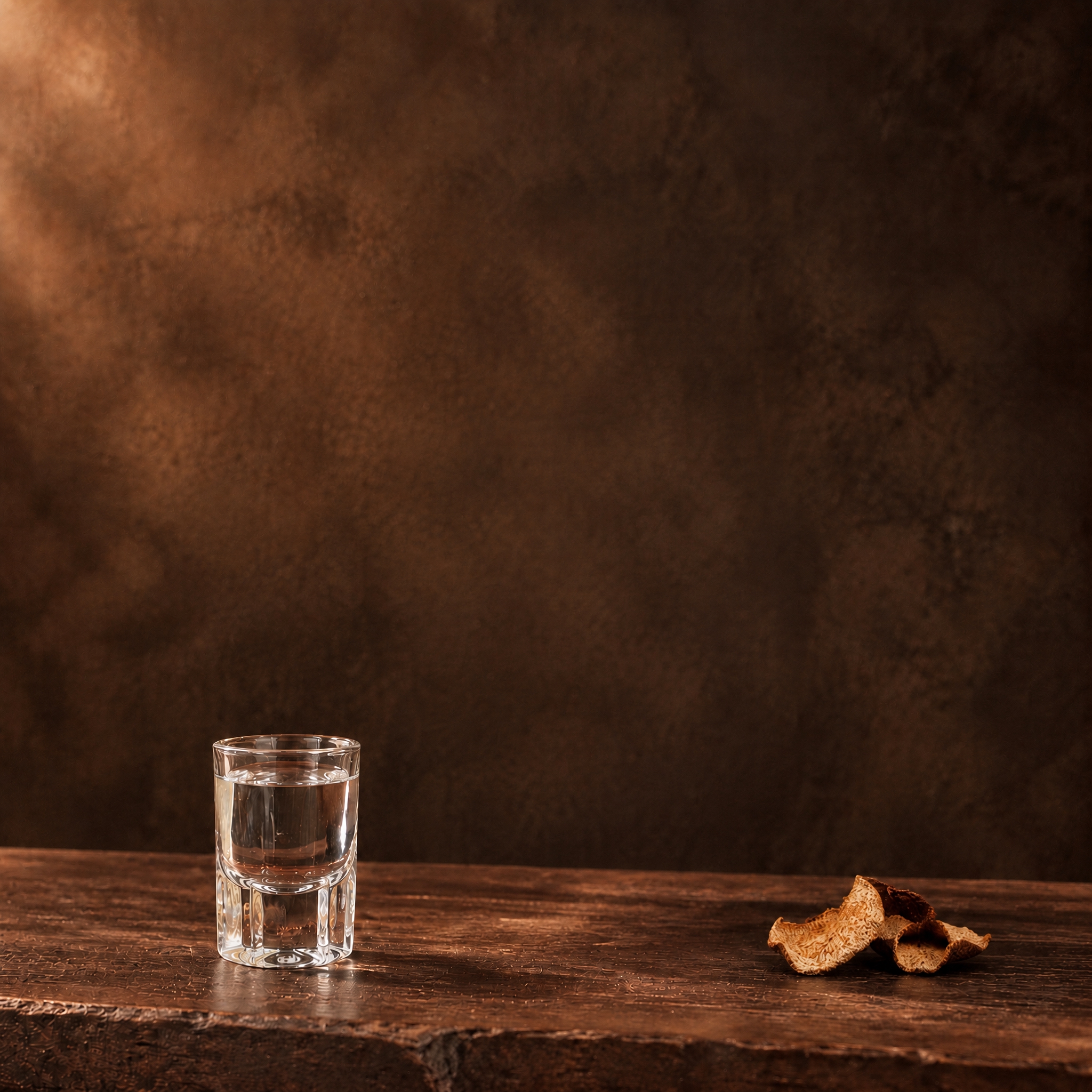去除图中的酒桶（大酒坛），保留玻璃白酒杯和桌面上的陈皮，保留深… - 图片创意预览